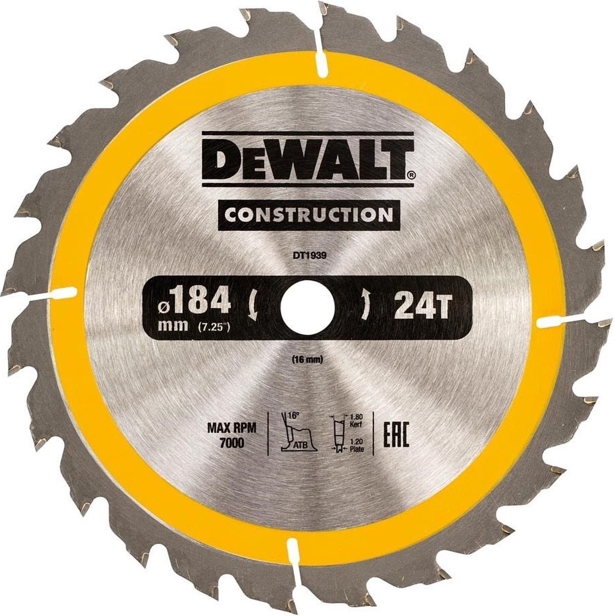 Dewalt dt1939-qz - tarcza constructie - 184mm - 24 tanden - atb geometrie