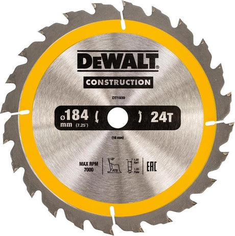 Dewalt dt1939-qz - tarcza constructie - 184mm - 24 tanden - atb geometrie