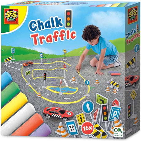 Ses creative ses - stoepkrijt - verkeer - met verkeersborden, pionnen, hekken en een auto - 6 kleuren krijt