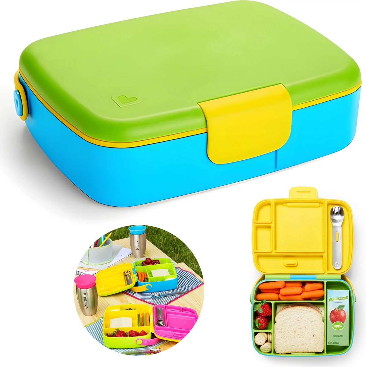 Munchkin - bento lunch box - broodtrommel - broodtrommel voor kinderen - inclusief rvs bestek - vaatwasserbestendig - vanaf 18 maanden - groen blauw