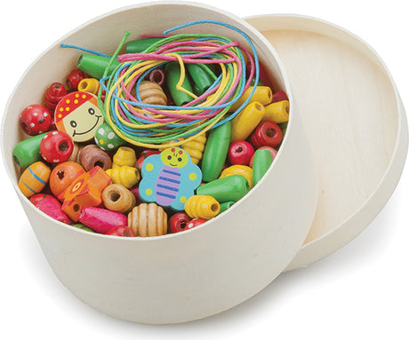 Woet ® houten rijgkralen in doos - 230 gekleurde kralen + 4 veters - kleine kralenset voor kinderen - educatief rijgspel speelgoed - vanaf 3 jaar