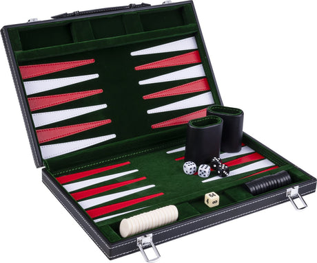 Longfield backgammon 15 inch - groen, rood wit gestikt bord - kunstlederen koffer met handvat - engelhart