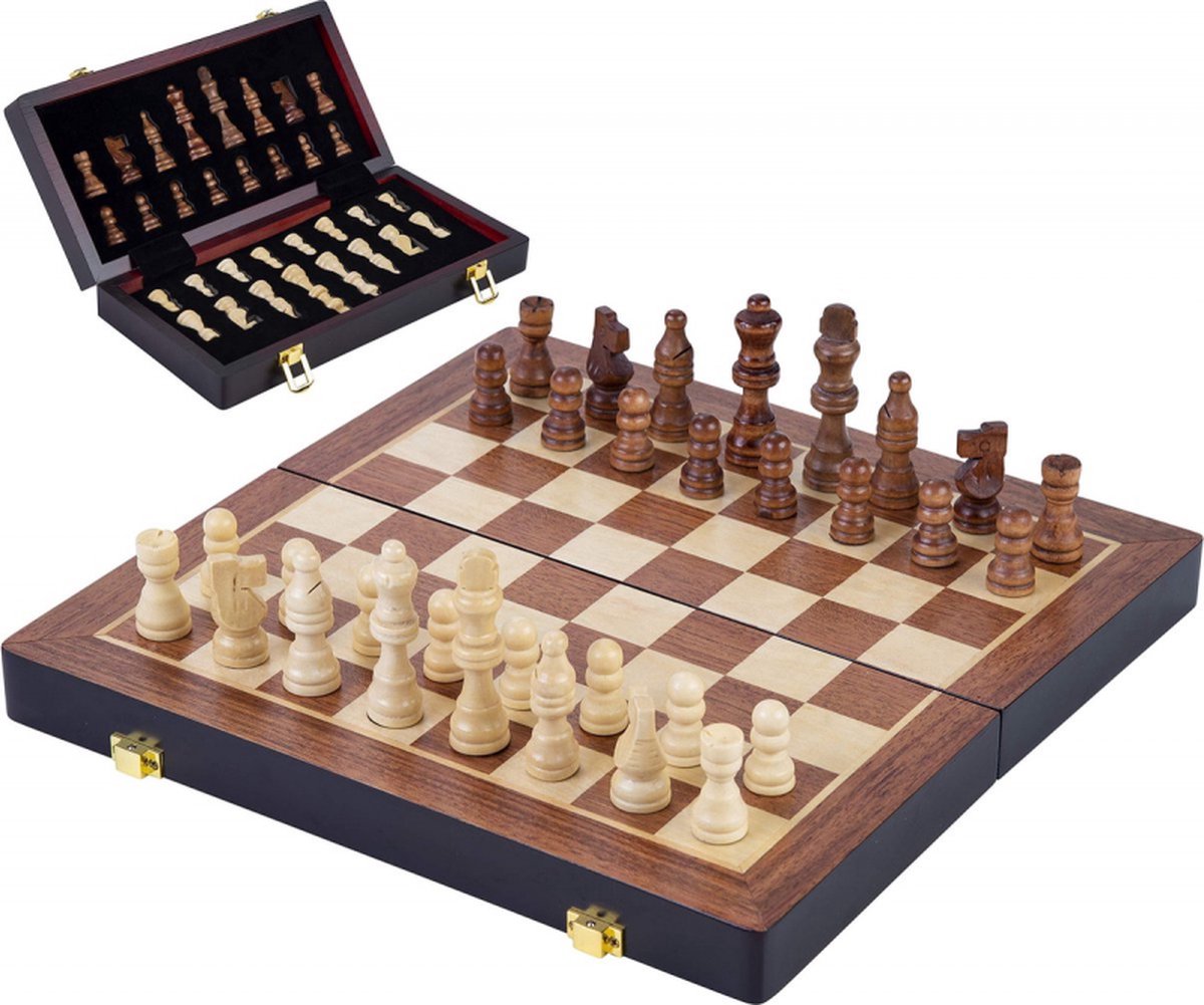 Engelhart schaakspel deluxe inklapbaar – houten schaakset van essenhout – luxe bruin schaakbord 38 x 38 x 5,8 cm – opklapbaar compact –