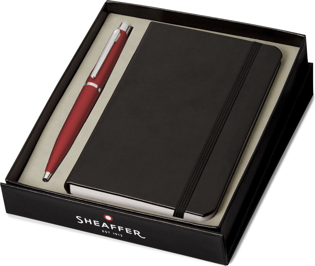 Sheaffer balpen giftset vfm - g9403 - f - excessive red chrome plated - met a6 notebook