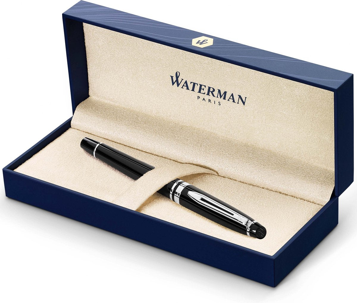 Waterman expert-rollerballpen | glimmend zwart met chromen rand | fijne punt | zwarte inkt | cadeauverpakking