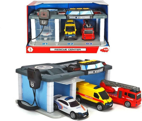 Dickie toys sos - rescue center belgische reddingsdiensten - politie - brandweer - ambulance - vanaf 3 jaar - speelgoedgarage