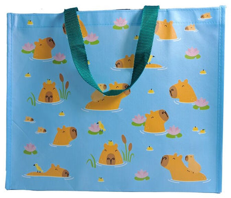 Puckator boodschappentas shopper - capybara zwemmen bloemen - duurzaam - lichtblauw bruin - 33x39x17cm