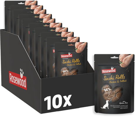 Rosewood sushi rolls kip koolvis - hondensnack - zachte verwensnack met kip vis - graanvrij - zonder kunstmatige toevoegingen - 10 zakjes à 100g