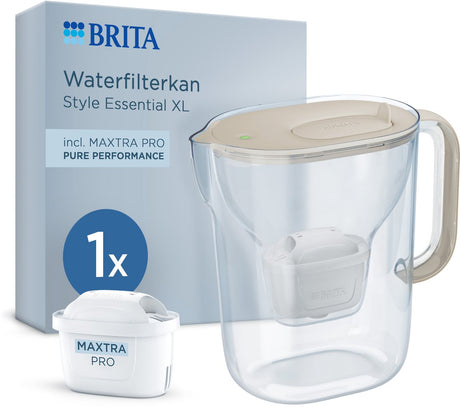 Brita waterfilterkan style essential xl - 3,6l - sand - incl. 1x maxtra pro pure performance - grote filterkan met smart light led klapdeksel, filtert verontreinigingen meer