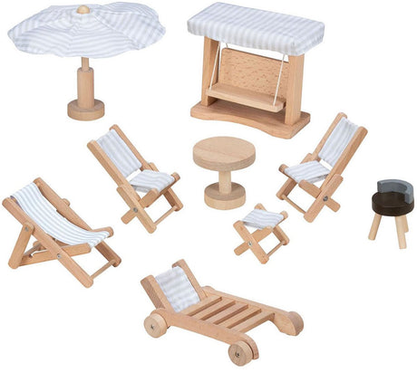 Goki poppenhuismeubeltjes: tuinmeubelen, 9-delig, schommel h10,5cm, hout en tekstiel, 3+