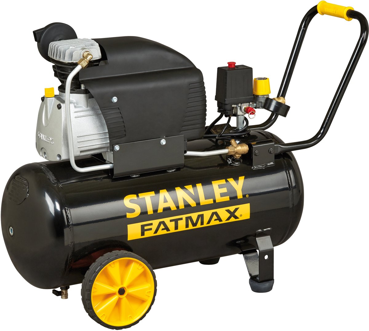 Stanley fatmax compressor, 50 liter, 10 bar, oliegesmeerd, horizontaal model, 2,5 pk, 240 l min luchtdebiet, draagbaar, zwart geel, geschikt voor oppompen en pneumatisch gereedschap