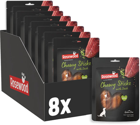 Rosewood chewy sticks eend medium - kauwstaven voor honden - met eend runderhuid - graanvrij zonder kunstmatige toevoegingen - 8 zakjes à 100g
