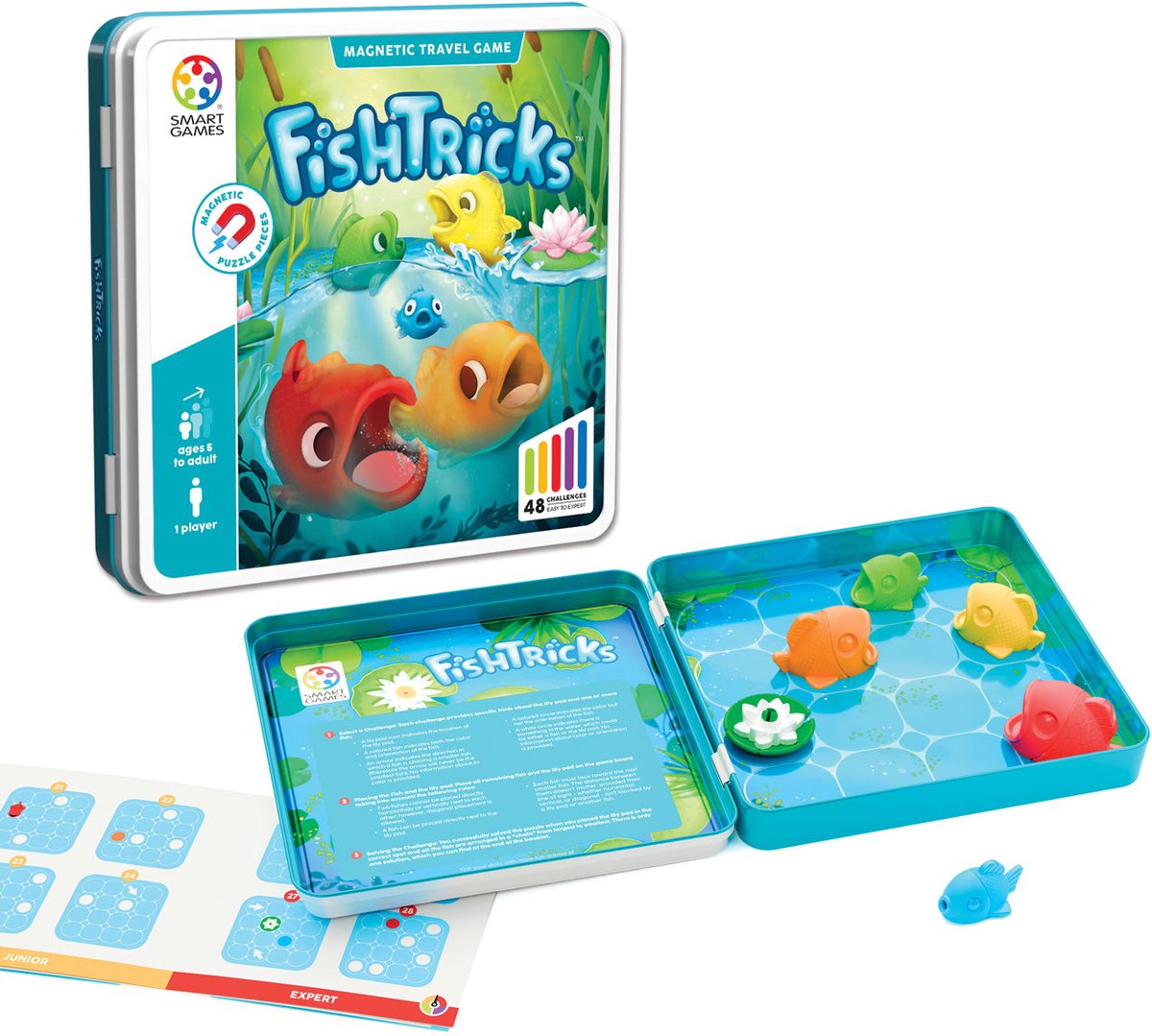 Smartgames fish tricks - magnetisch denkspel reispuzzel - 48 opdrachten met vissen - educatief solospel voor kinderen en volwassenen - vanaf 7 jaar