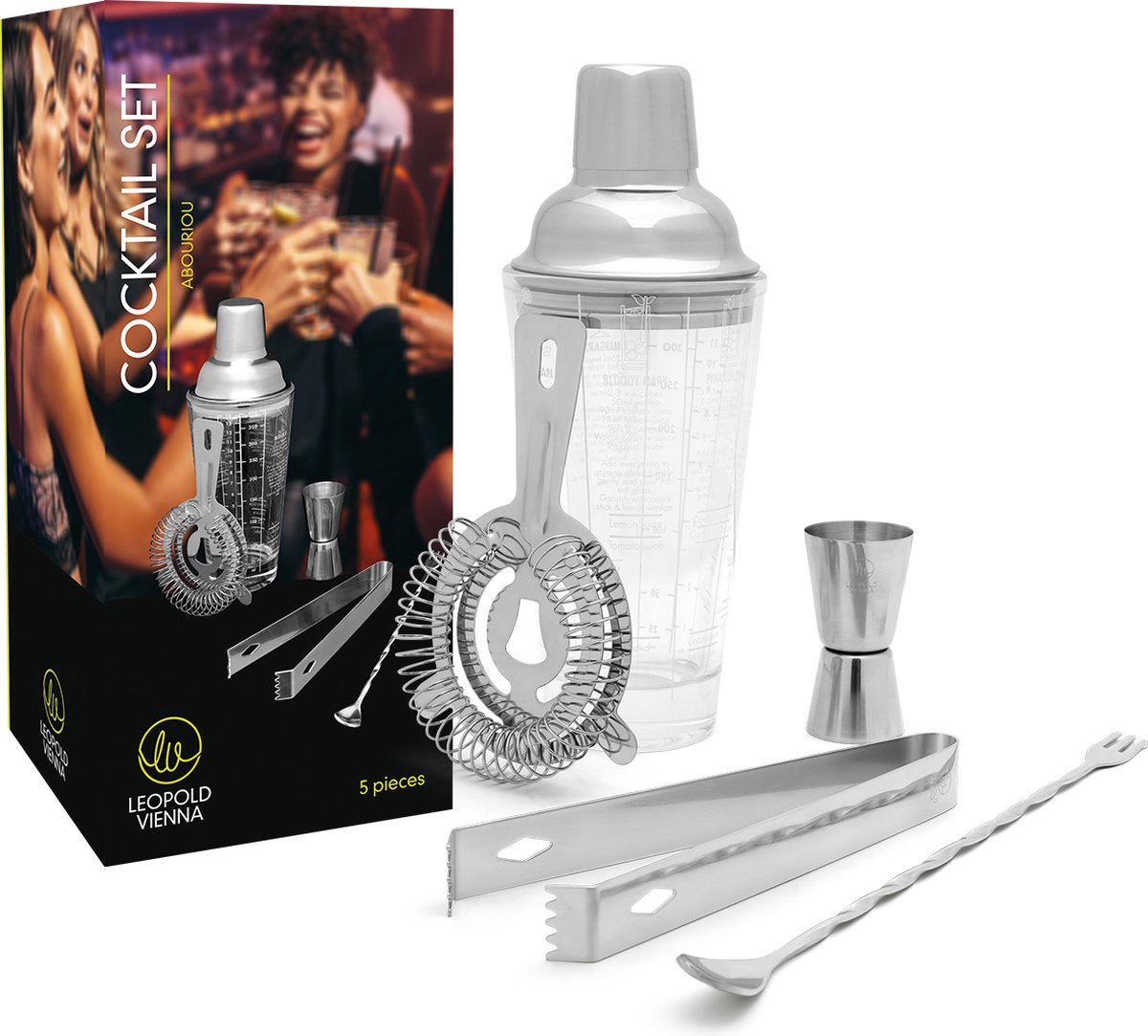 Leopold vienna - cocktail set abouriou 5-delig (cocktail shaker, jigger pipet, strainer, tang, barlepel) cadeau giftset