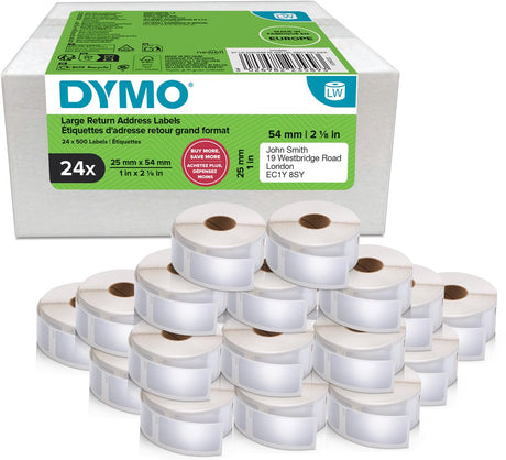 Dymo originele labelwriter adreslabels voor retouren | 25 mm x 54 mm | 24 met elk 500 labels (12.000 zelfklevende etiketten) | geschikt voor de labelwriter labelprinters | gemaakt in europa