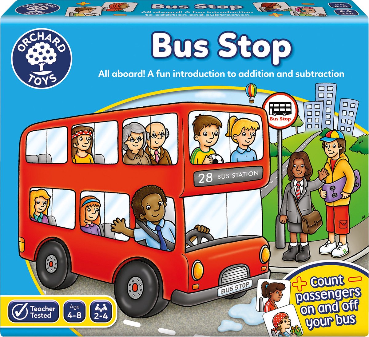 Orchard toys - bus stop - rekenspel met bus - laat passagiers in- en uitstappen - optel- en aftreksommen - vanaf 4 jaar