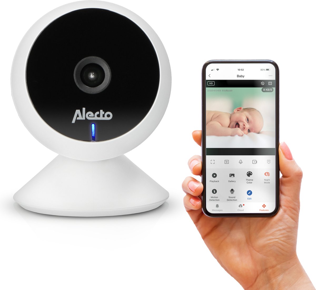 Alecto wifi babyfoon met camera en app - full hd - melding bij beweging en geluid - smartbaby5 - wit