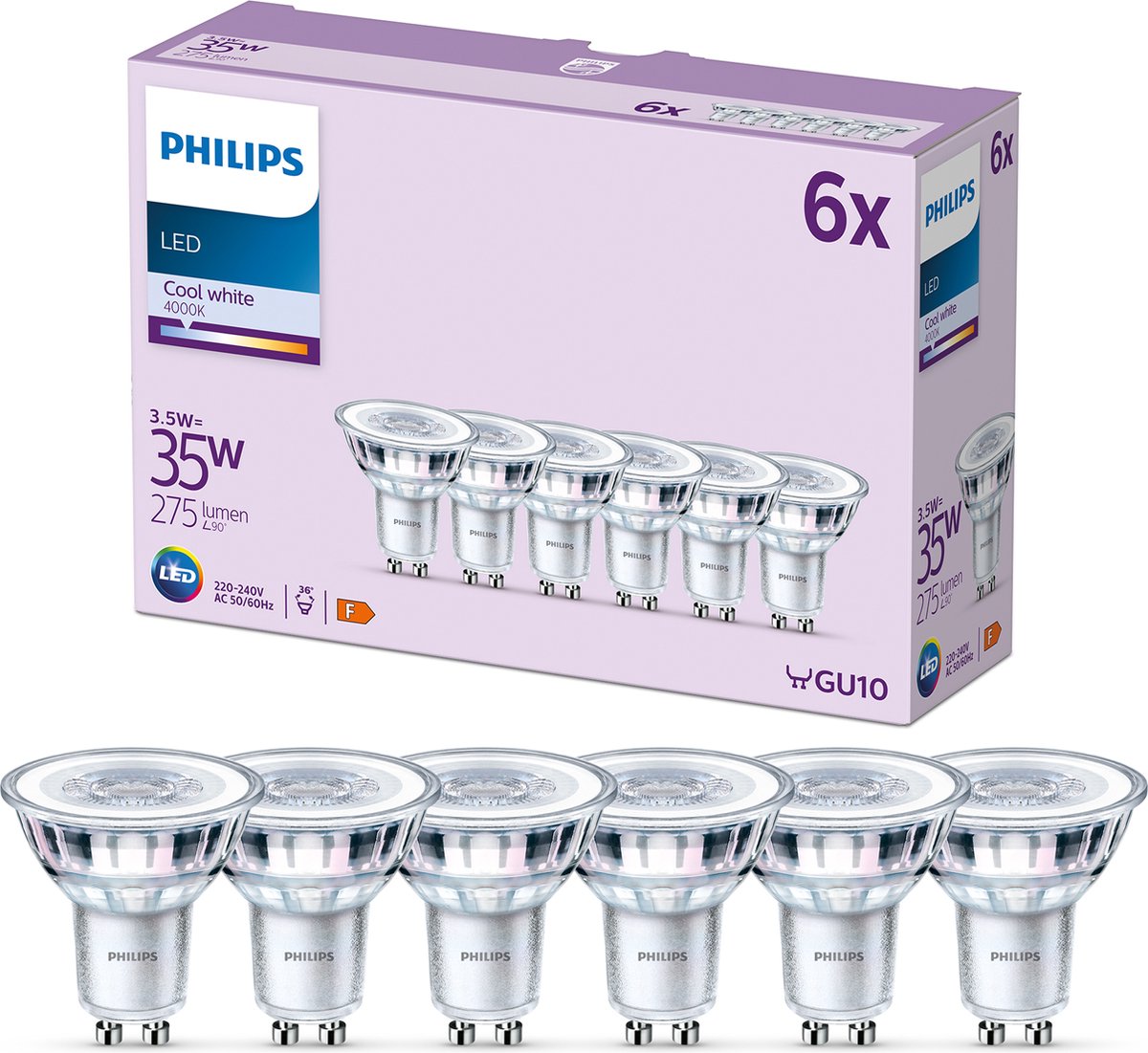 Philips led spot - 35 w - gu10 - koelwit licht - 6 stuks