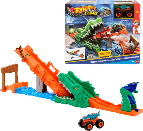 Hot wheels monstertrucks krokodil crash-uitdaging - speelset met een mega-wrex speelgoedvoertuig