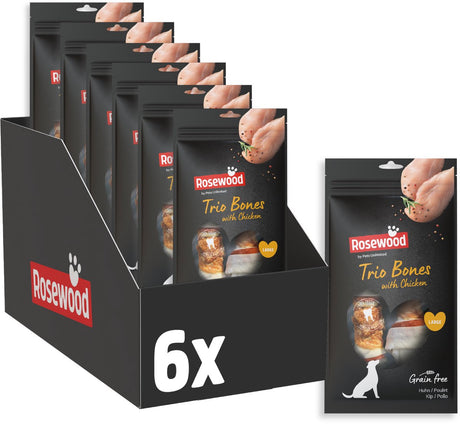 Rosewood trio bones kip - kauwbotten voor grote honden - met kip runderhuid - graanvrij - zonder kunstmatige toevoegingen - 90g x 6 zakjes