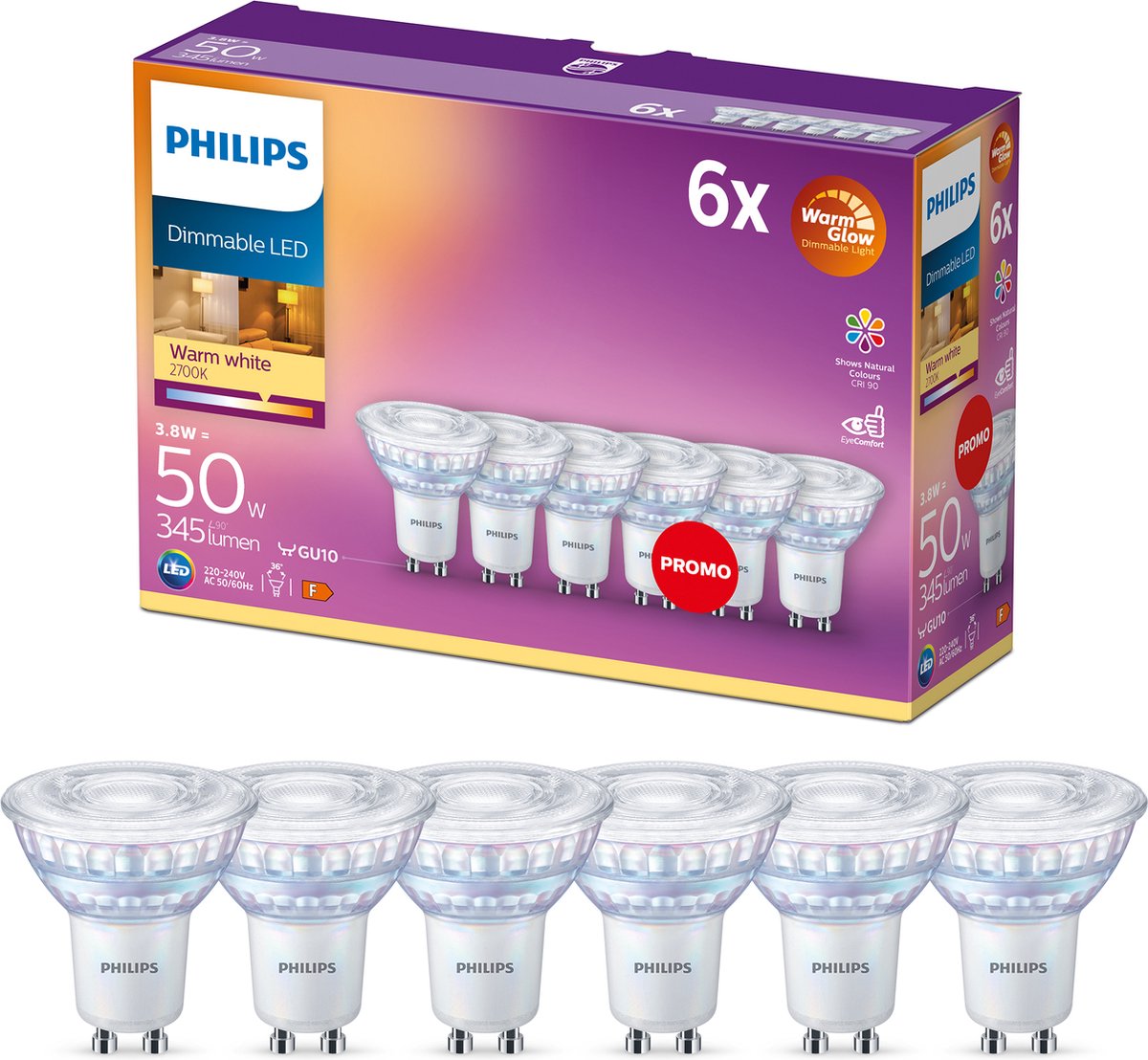 Philips led energiezuinige spot - 50 w - gu10 - dimbaar warmwit licht - 6 stuks - bespaar op energiekosten