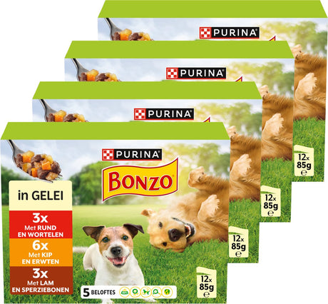 Bonzo adult maaltijdzakjes - hondenvoer natvoer - rund kip lam - 48 x 85 g