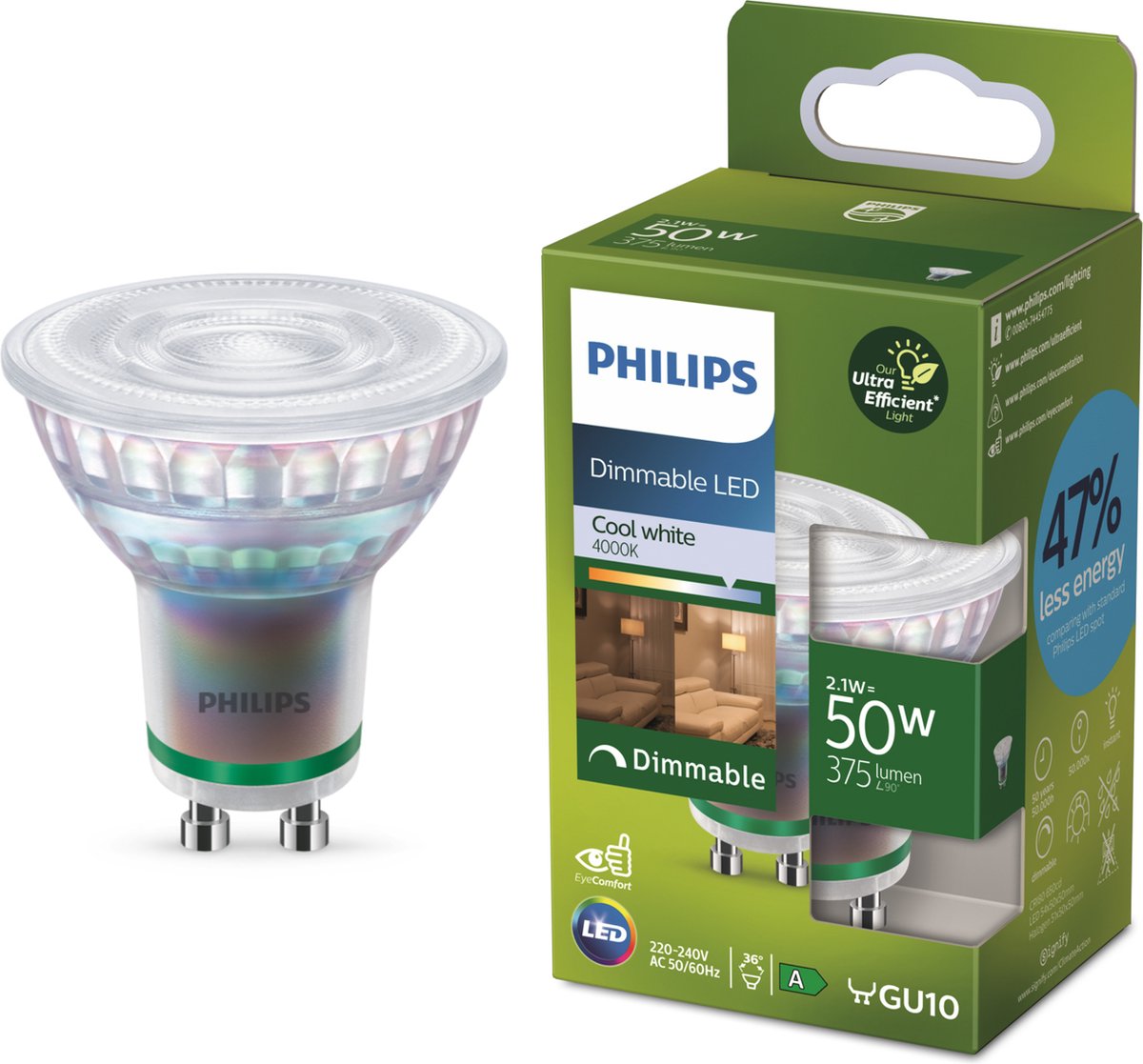 Philips led philips ultra efficient led spot - 50w - gu10 fitting - koelwit licht - dimbaar