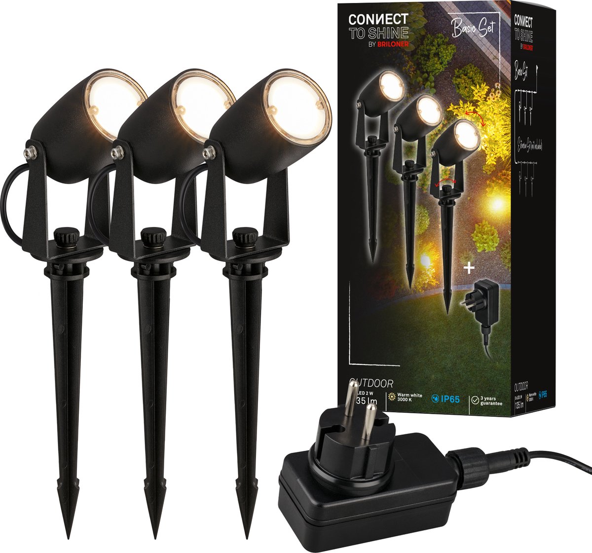 Briloner connect to shine - prikspot - set van 3 - tuinspot startset - tuinverlichting - ip65 - warm wit licht - ø4x2.5 cm - 1.5m kabel