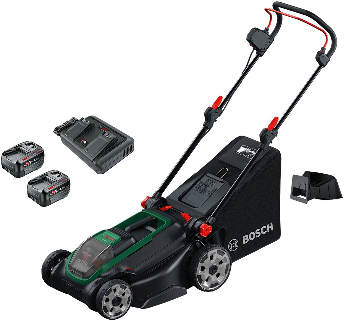 Bosch rotak 18v2-43 - grasmaaier - inclusief 2 x 18v 4.0 ah accu en al 2x18v-88 lader en mulchplug