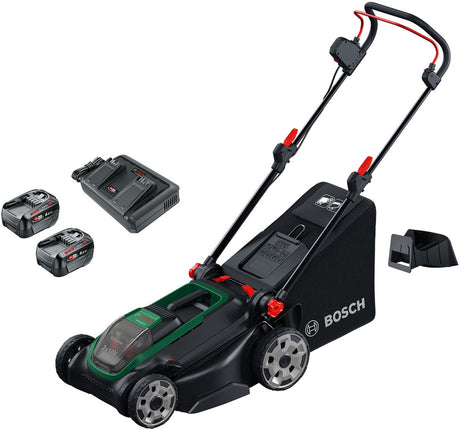 Bosch rotak 18v2-43 - grasmaaier - inclusief 2 x 18v 4.0 ah accu en al 2x18v-88 lader en mulchplug