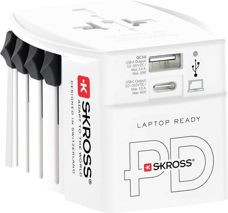 Skross - wereldreisadapter muv pro 2-polig + 1 usb snellader + 1 type c 2500 ma wit