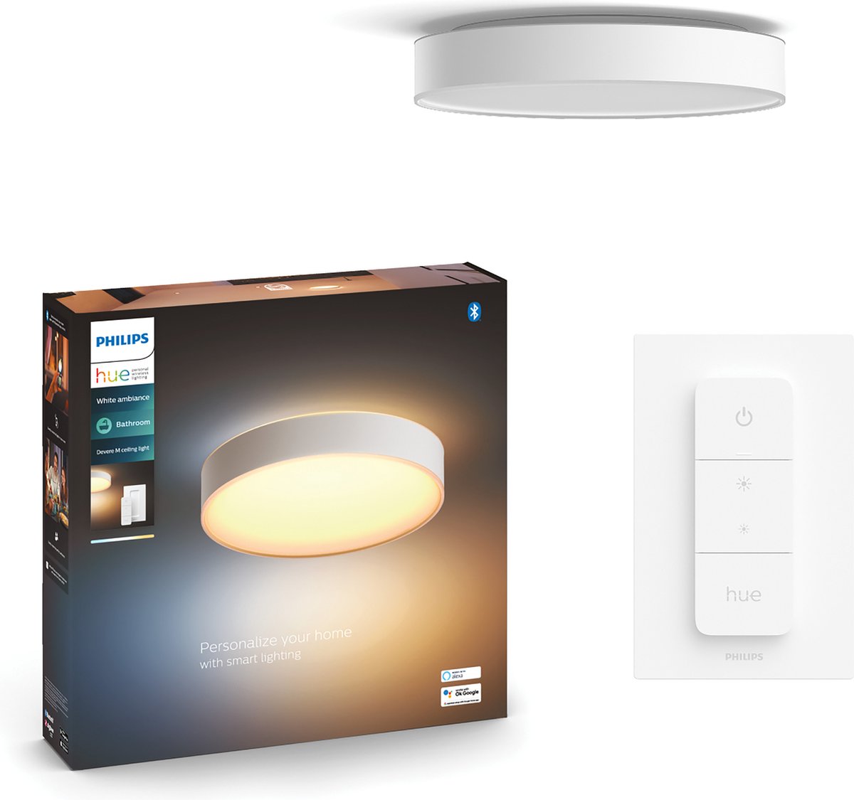 Philips hue devere plafondlamp - warm tot koelwit licht - wit - 38cm - 1 dimmer switch