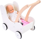 Engelhart poppen loopwagen roze wit – houten poppenwagen met matrasje, dekentje, kussentje opbergtas – geschikt voor alle poppen –