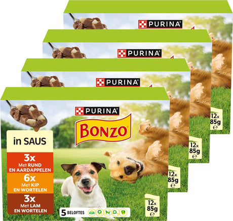 Bonzo maaltijdzakjes in saus - hondenvoer natvoer - rund kip lam - 48 x 85 g