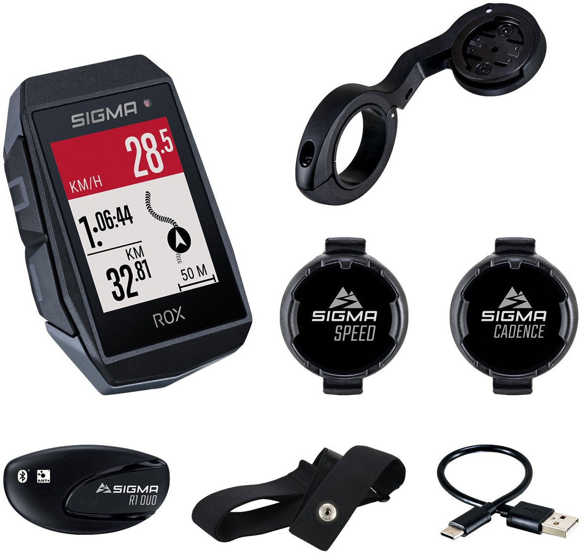 Sigma rox 11.1 evo gps hr + cad snelh set + sb gps+ant+ ble riem+usb-c
