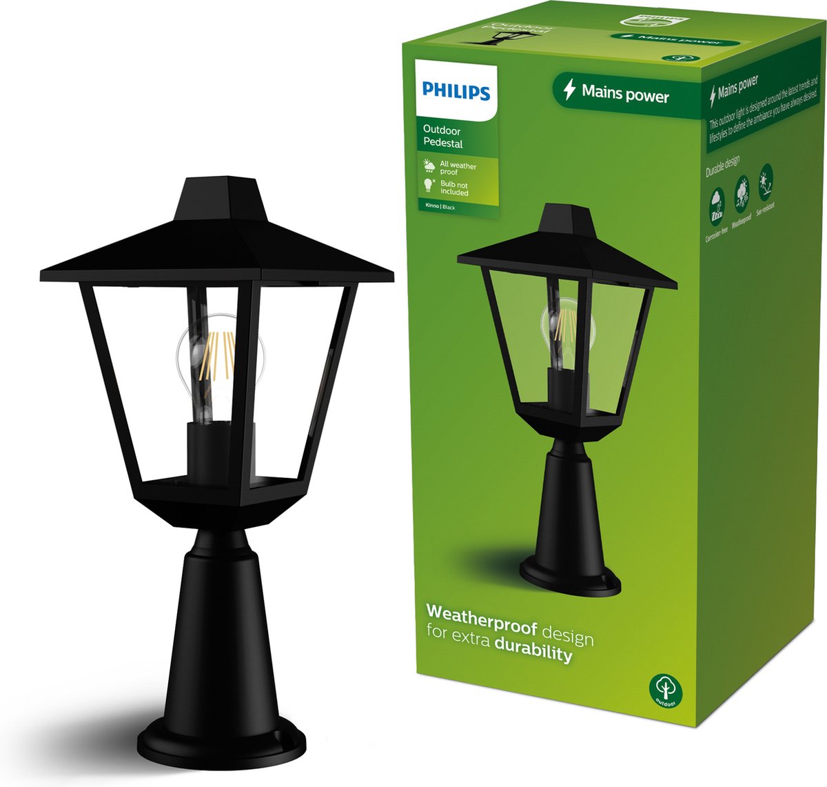 Philips led philips kinno sokkellamp - buitenlamp - zwart - e27 fitting - maximaal 25w - weerbestendig; ip44