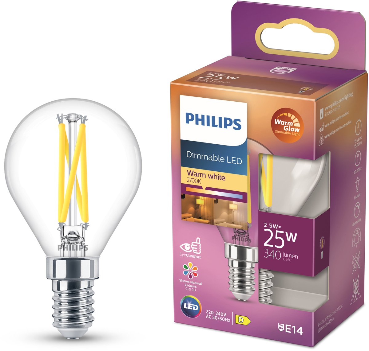 Philips led kogellamp transparant - 25 w - e14 - dimbaar warmwit licht