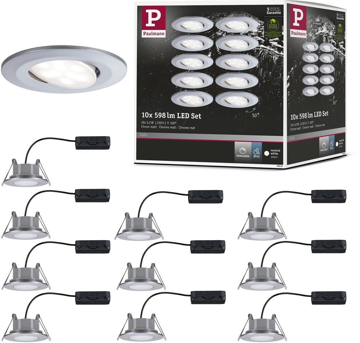 Paulmann led-inbouwlamp calla basisset zwenkbaar ip65 rond 90 mm 30° 10x5,2w 10x460lm 230v dimbaar 4000k chroom mat