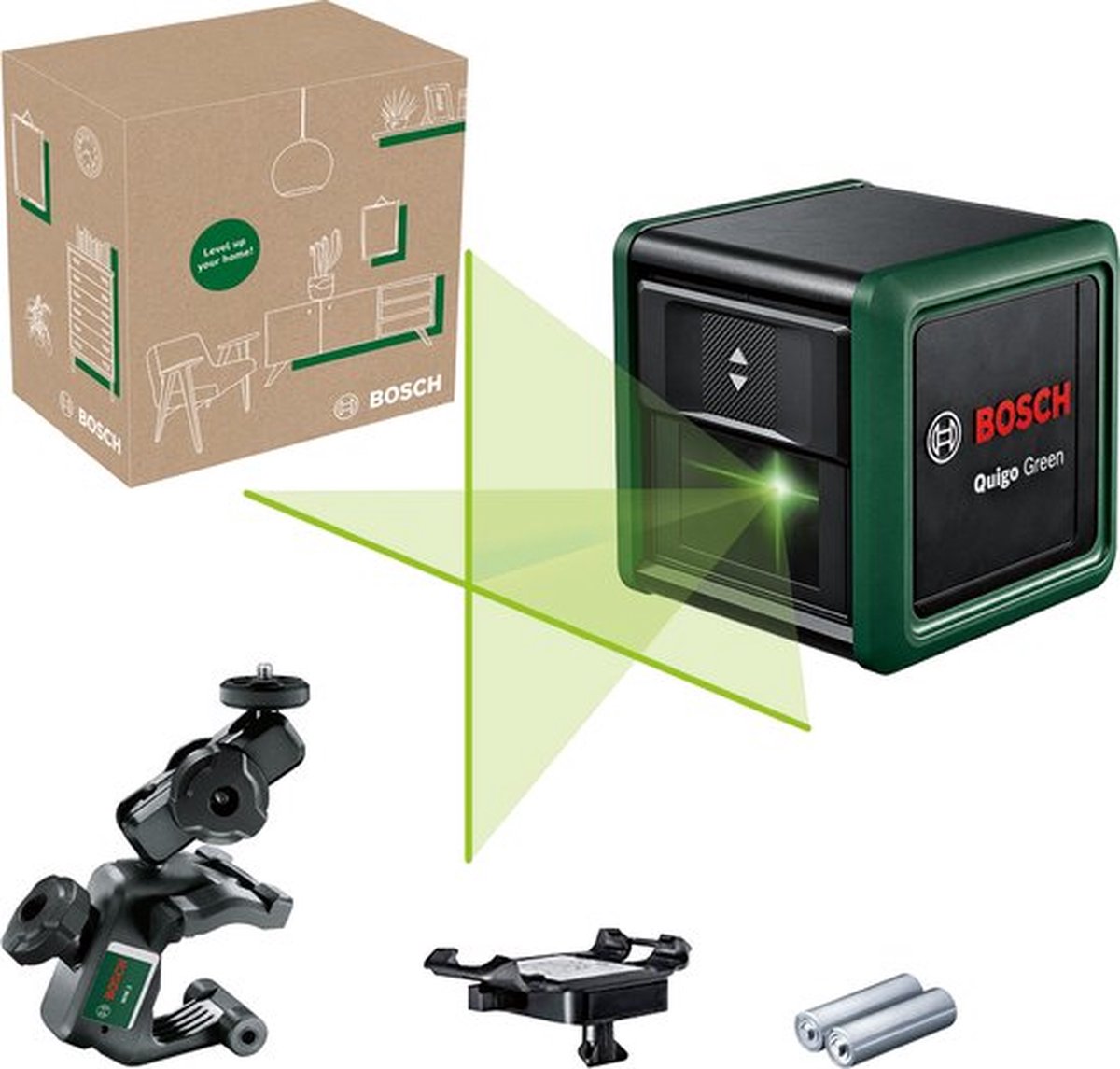 Bosch quigo green - kruislijnlaser - inclusief universele klem mm2 - adapter plaat - batterijen