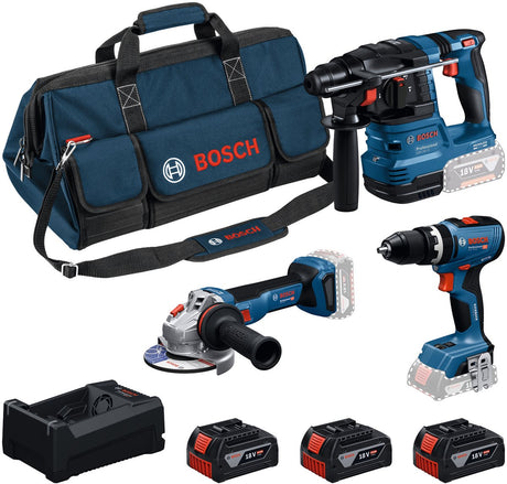 Bosch professional 3-toolkit 18v - gereedschap combiset - gsb 18v-65 - gbh 18v-22 - gws 18v-11 - 3x gba 5.0 ah - gal 12v 18v-80 lader
