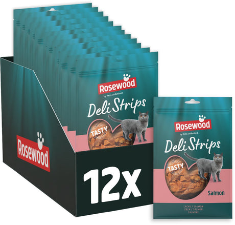 Rosewood deli strips kattensnack zalm 12 x 40 g - zachte kattensnoepjes - vetarm - zonder zout of suiker