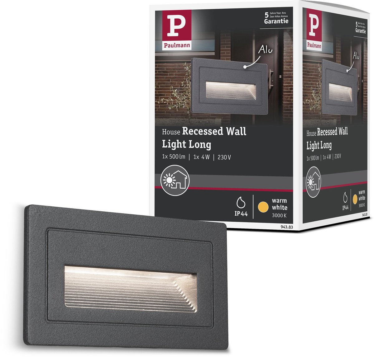 Paulmann led-wandarmatuur voor buiten long ip44 hoekig 103x62 mm 3000k 4w 30lm 230v zwart aluminium