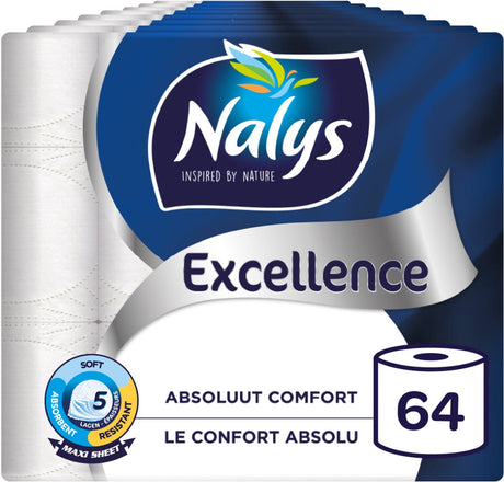Nalys excellence toiletpapier - 64 rollen - maxi vellen (5-laags) - voordeelverpakking - papieren verpakking