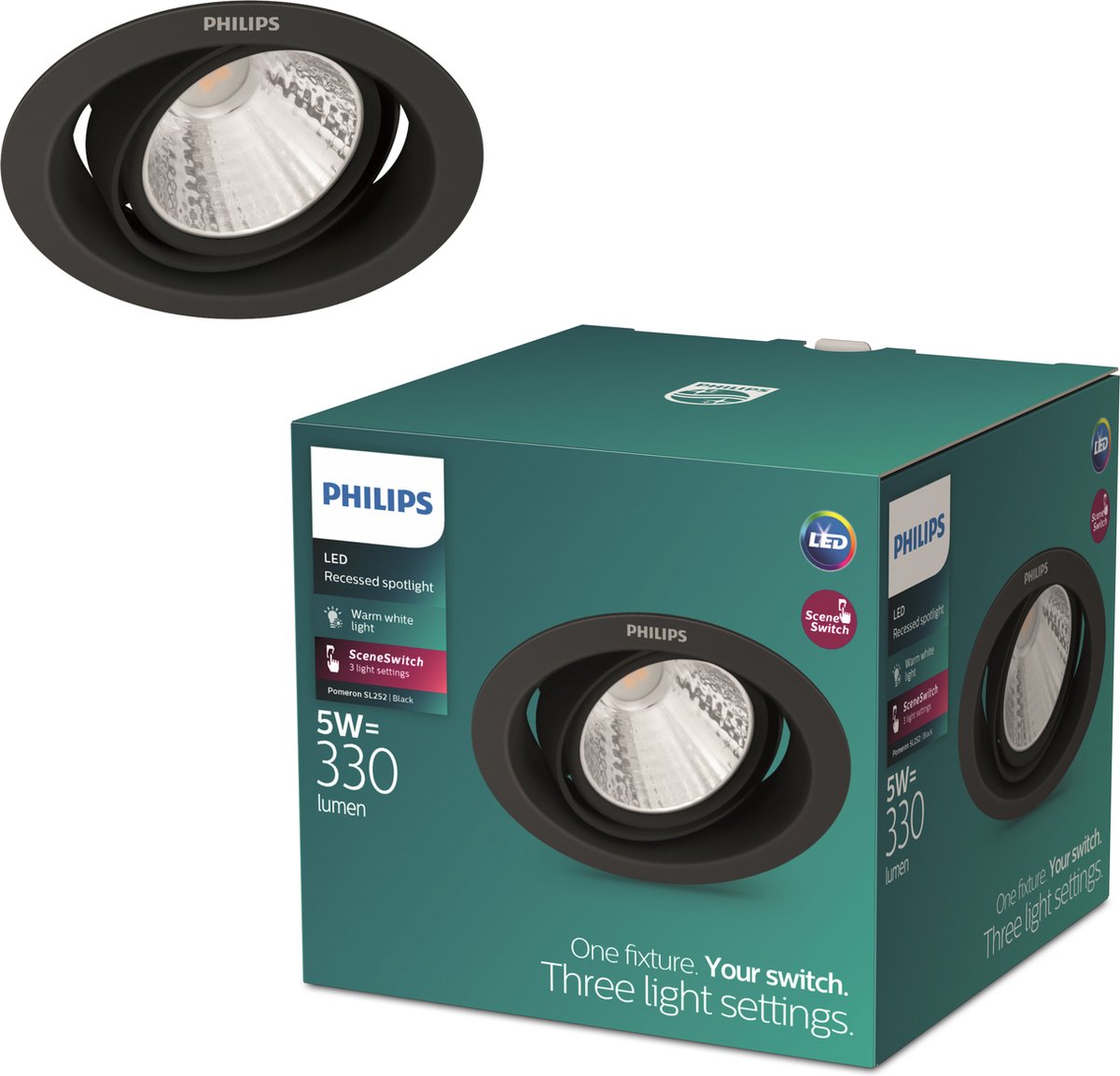 Philips led philips pomeron inbouwspot - sceneswitch - 5w - warmwit licht - zwart