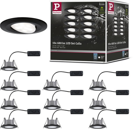 Paulmann led-inbouwlamp calla basisset zwenkbaar ip65 rond 90 mm 30° 10x6w 10x500lm 230v 4000k zwart mat