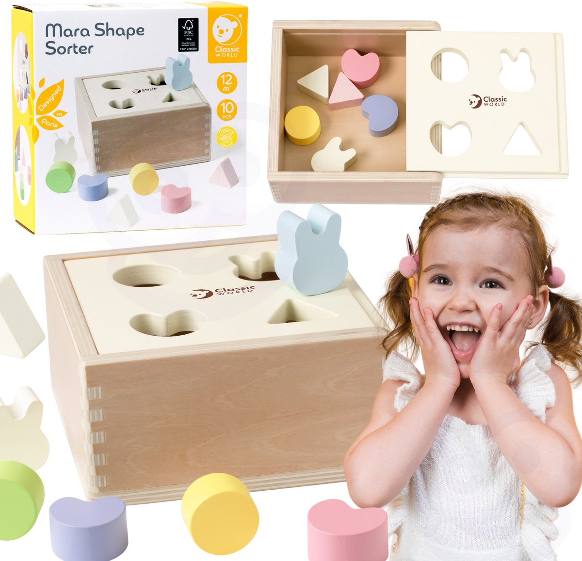 Lobbes speelgoed bv classic world wooden shape sorter for children 10 pcs. - uni
