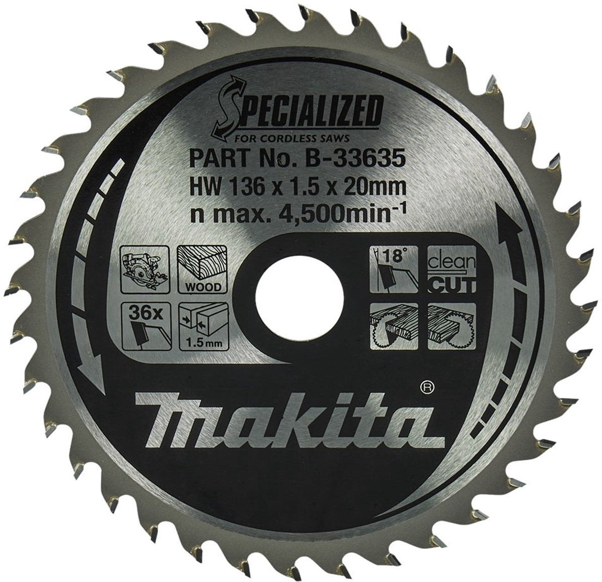 Makita cirkelzaagblad voor hout | specialized: accu | ø 136mm asgat 20mm 36t - b-33635