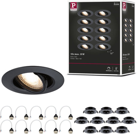 Paulmann inbouwlamp set van 10 zwenkbaar rond 90 mm 30° gu10 max. 10x10w 230v dimbaar zwart