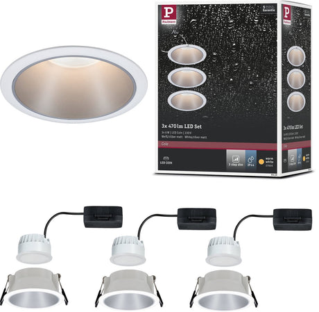 Paulmann led-inbouwlamp 3-step-dim cole coin set van 3 ip44 rond 88 mm coin 3x6w 3x470lm 230v dimbaar 2700k wit, zilver mat