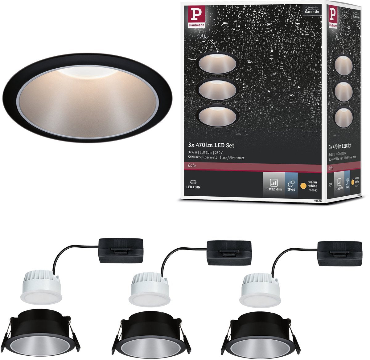 Paulmann led-inbouwlamp 3-step-dim cole coin set van 3 ip44 rond 88 mm coin 3x6w 3x470lm 230v dimbaar 2700k zwart, zilver mat